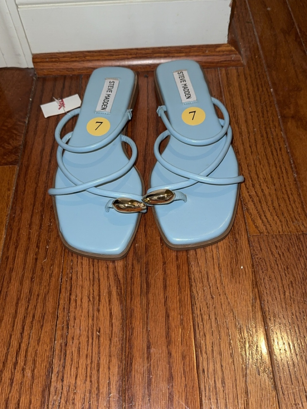 Steve Madden Pale Blue Strappy Slide Sandals with Gold Accent